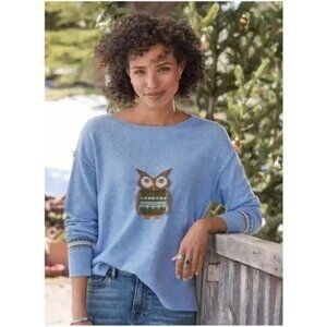 Sundance Catalog Wise Owl Sweater Wool Blend Blue